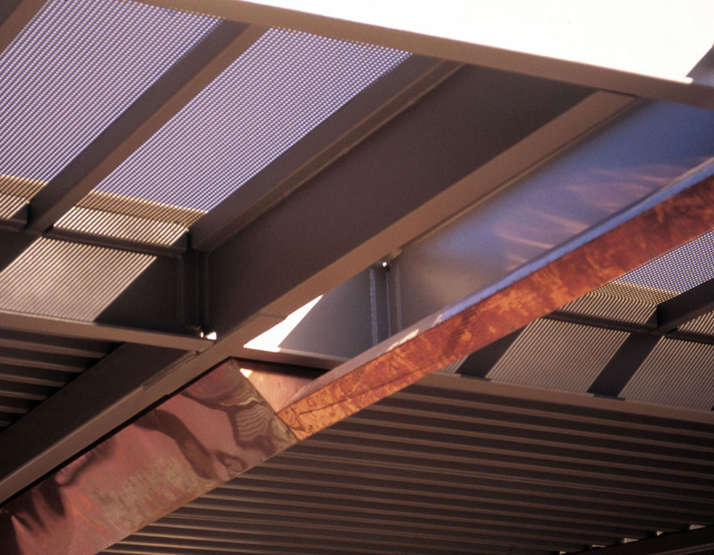 Entry pavilion detail of the copper water harvesting system.