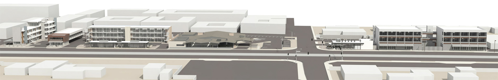 Overall concept for the Newton District along the light rail corridor, incorporating the three midcentury buildings amongst new mixed-use structures.