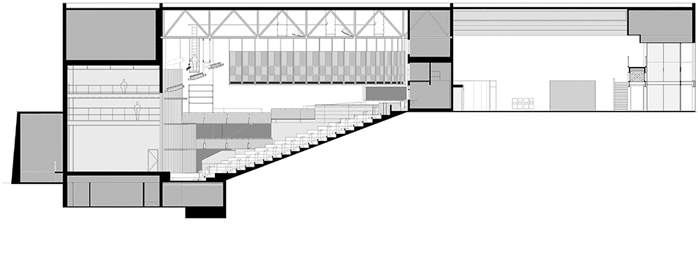 East/West section through theater, stage and lobby