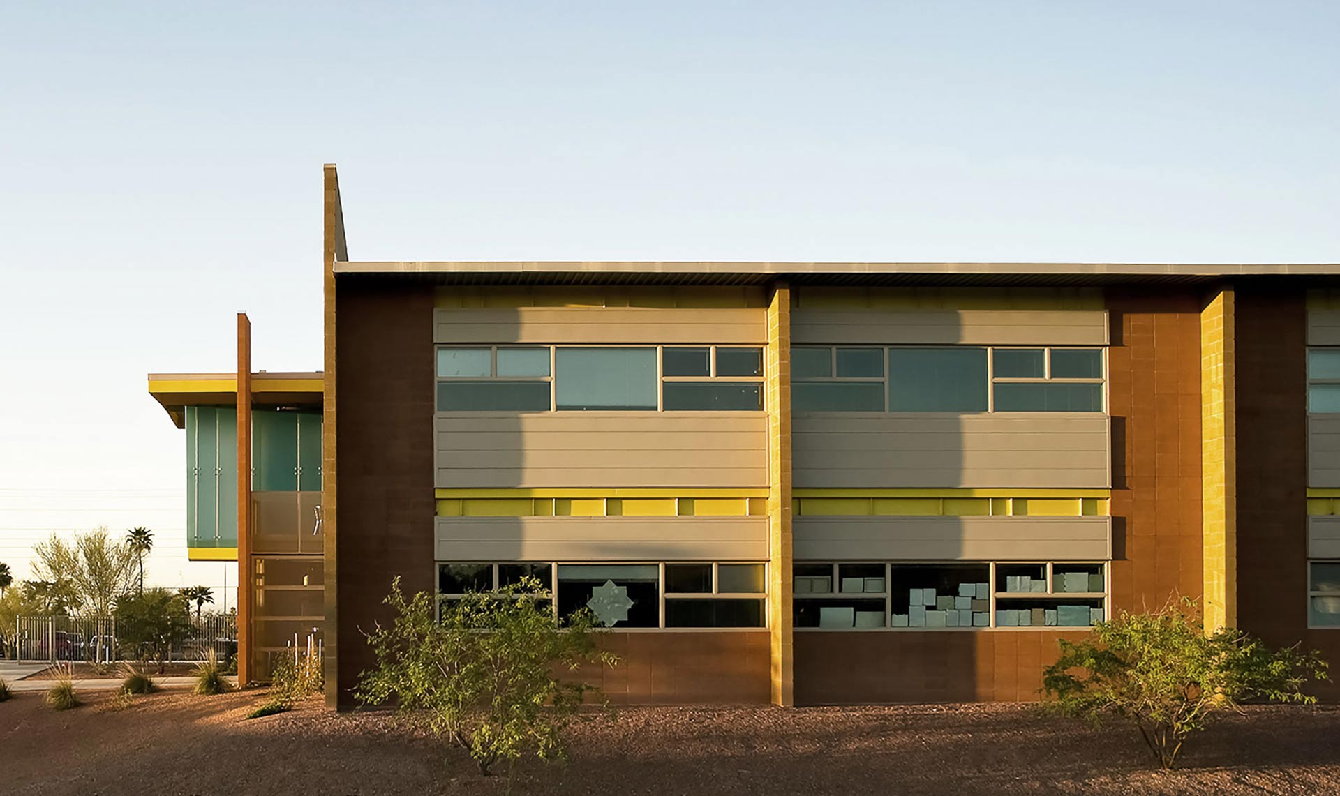 South side of the classroom building with sturdy and climate-appropriate materials.